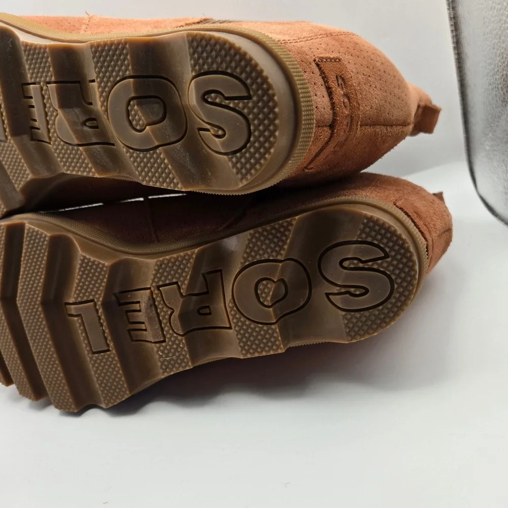 Sorel Joan of Arctic Wedge Ankle Boots Brown Suede Chelsea Booties Womens